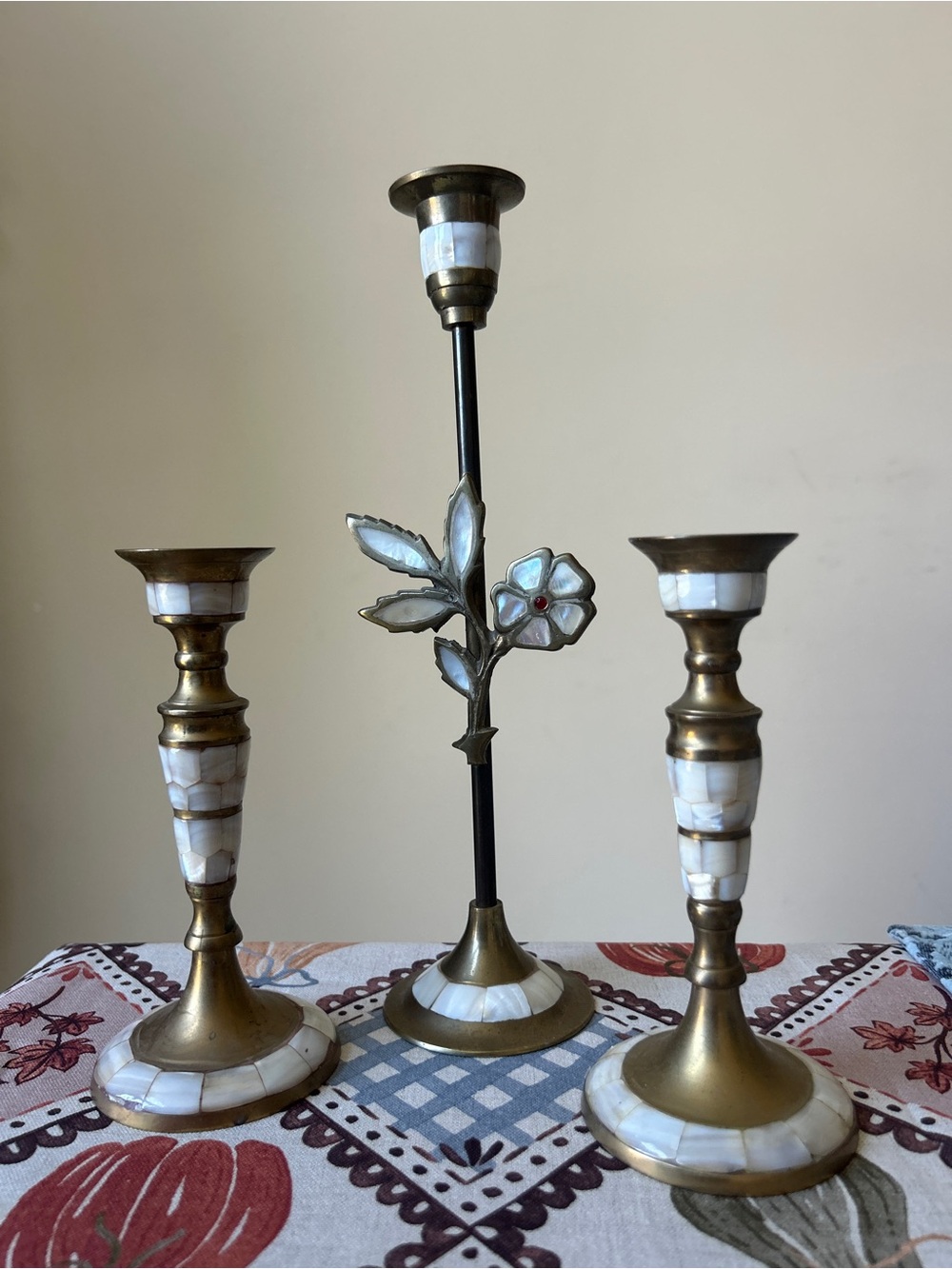Vintage Brass Mother of Pearl Inlay Candlestick Holders Set of 3